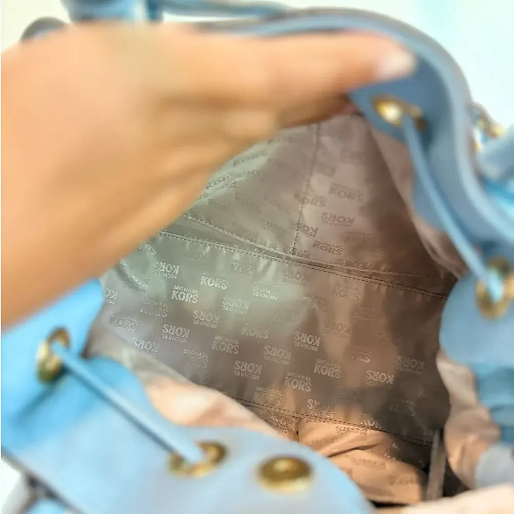 Michael Kors Camden Medium Drawstring Satchel Powder Blue Pebbled Leather Bag